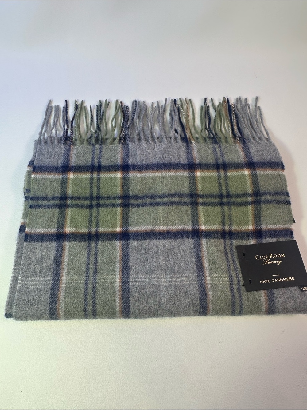 NWT/NEW Men’s Club Room Gray Green Plaid 100% Cashmere Scarf